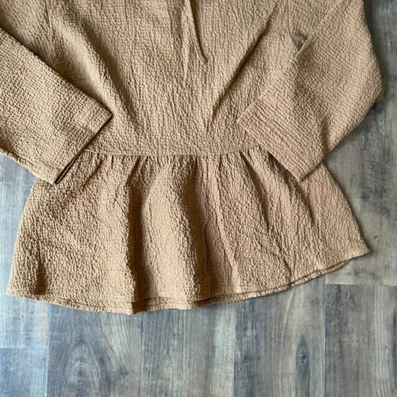 Madewell Brown Crinkled Peplum Blouse XS Long Sleeve Textured Tie-Back Top - Picture 5 of 9